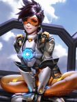  1girl bodysuit brown_hair cloud cloudy_sky crossed_legs goggles highres liang_xing looking_at_viewer overwatch sitting sky smile tagme tracer_(overwatch) 