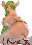  1girl armlet ashiomi_masato ass bare_shoulders breasts circlet closed_mouth from_behind green_eyes green_hair hair_ornament jewelry kid_icarus kneeling large_breasts long_hair looking_at_viewer looking_back necklace open_mouth palutena shiny shiny_hair shiny_skin sideboob single_thighhigh solo super_smash_bros. thick_thighs thighhighs thighs wrist_cuffs 