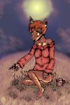  2016 anthro black_nose breasts cervid clothed clothing detailed_background female flower hi_res mammal nihilochannel outside plant red_clothing red_shirt red_topwear shirt sitting solo topwear 