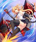  1girl admiral_hipper_(azur_lane) admiral_hipper_(muse)_(azur_lane) ahoge ass azur_lane bare_shoulders black_legwear black_skirt blonde_hair blush breasts brown_footwear electric_guitar fingerless_gloves floating_hair gloves green_eyes guitar highres holding holding_instrument idol instrument irohasu loafers long_hair looking_at_viewer miniskirt necktie open_mouth panties pleated_skirt rigging shirt shoes skindentation skirt sleeveless sleeveless_shirt thighhighs two_side_up underwear white_panties white_shirt 