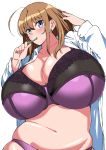  1girl ahoge belly black_bra blue_eyes bra breasts brown_hair cleavage collarbone gigantic_breasts highres huge_ahoge komusou_(jinrikisha) long_hair looking_at_viewer navel ooba_minori open_clothes open_shirt original panties plump purple_panties simple_background skindentation solo toothbrush toothbrush_in_mouth two-tone_bra underwear white_background 