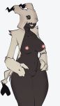  2019 anthro anthrofied areola belly big_breasts biped black_body breasts clothed clothing female grin hi_res mimikyu navel nintendo nipples open_mouth pok&eacute;mon pok&eacute;mon_(species) pok&eacute;morph pussy rtr simple_background smile solo standing teeth thick_thighs video_games 