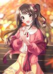  1girl :d autumn autumn_leaves bangs bench blurry blurry_background blush bow brown_eyes brown_hair collared_shirt commentary_request depth_of_field dress_shirt eyebrows_visible_through_hair floral_print hair_bow hands_together hands_up highres holding holding_leaf idolmaster idolmaster_cinderella_girls idolmaster_cinderella_girls_starlight_stage jacket leaf long_hair looking_at_viewer maple_leaf on_bench open_clothes open_jacket open_mouth own_hands_together park_bench pink_jacket plaid plaid_bow pleated_skirt print_skirt red_bow shawl shimamura_uzuki shirt sitting sitting_on_bench skirt smile solo sutoroa white_shirt yellow_skirt 