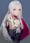  1girl absurdres bangs blue_background capelet closed_mouth commentary_request copyright_name cropped_torso edelgard_von_hresvelg expressionless fire_emblem fire_emblem:_three_houses garreg_mach_monastery_uniform gloves grandialee hair_ribbon hand_in_hair highres long_hair long_sleeves looking_at_viewer parted_bangs pink_lips purple_eyes purple_ribbon red_capelet ribbon solo upper_body white_gloves white_hair 