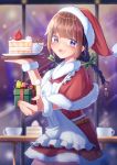  1girl :d absurdres bangs belt blurry blurry_background bow braid brown_hair cake coffee_mug cup eyebrows_visible_through_hair food fruit gift green_bow hair_bow hat highres looking_at_viewer mug open_mouth original pom_pom_(clothes) purple_eyes red_headwear santa_hat slice_of_cake smile solo standing strawberry tachibanashiro17 twin_braids wristband 