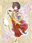  1girl brown_hair dairoku_youhei full_body hair_ornament hakama holding_naginata japanese_clothes looking_at_viewer naginata nyan5000 official_art pink_eyes polearm red_hakama short_hair solo standing weapon white_legwear 