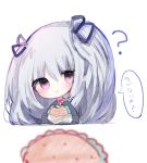  1girl :t bangs black_ribbon black_sweater blurry blurry_foreground blush bow chibi closed_mouth cottontailtokki depth_of_field eating eyebrows_visible_through_hair food granblue_fantasy grey_hair hair_between_eyes hair_ribbon holding holding_food long_hair long_sleeves looking_at_viewer purple_eyes queen_orchis red_bow ribbon shingeki_no_bahamut simple_background solo sweater translation_request two_side_up very_long_hair wavy_mouth white_background 