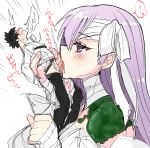  1boy 1girl bandages black_hair blush closed_eyes cum cum_in_mouth ejaculation erection fate/grand_order fate_(series) fellatio fujimaru_ritsuka_(male) giantess haoro holding kingprotea licking moss oral purple_eyes purple_hair size_difference 