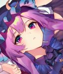  1girl ainy77 arm_up bangs black_bow black_neckwear blue_headwear blush bow bowtie crescent crescent_hair_ornament drop_shadow eyebrows_visible_through_hair hair_between_eyes hair_ornament hand_up hat long_hair mob_cap parted_lips patchouli_knowledge portrait purple_eyes purple_hair shoulder_cutout solo touhou work_in_progress 