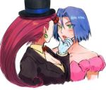  1boy 1girl black_headwear blue_hair breasts cleavage crossdressing dress eye_contact formal gloves green_earrings green_eyes hat jewelry kojirou_(pokemon) looking_at_another lowres musashi_(pokemon) open_mouth pink_dress pink_hair pokemon pokemon_(anime) red_hair suit tuxedo upper_body white_gloves 