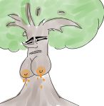  black_eyes bodily_fluids breasts brown_bark eyebrows eyes_closed flora_fauna hi_res lactating leaf long_nose looking_pleasured not_furry plant sap simple_background thick_eyebrows treant tree tree_sap tree_with_face unnamed_two_titted_tree white_background 