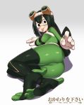  1girl :p artist_logo artist_name ass asui_tsuyu bangs bodysuit boku_no_hero_academia boots breasts cameltoe commentary cowfee english_commentary frog_girl full_body gloves goggles goggles_on_head green_bodysuit green_hair grey_background highres long_hair long_tongue looking_at_viewer low-tied_long_hair lying medium_breasts on_side simple_background solo thigh_boots thighhighs tongue tongue_out white_gloves 