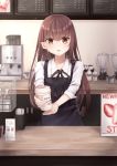  1girl :d absurdres apron bangs barista blender blurry blurry_background bottle brown_eyes brown_hair counter cup disposable_cup eyebrows_visible_through_hair highres indoors long_hair looking_at_viewer open_mouth original shirt smile solo standing upper_body very_long_hair white_shirt yua_(bokubo0806) 