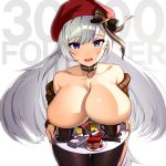  1girl absurdres aran_sweater azur_lane belfast_(azur_lane) belfast_(shopping_with_the_head_maid)_(azur_lane) beret blush breasts breasts_outside brown_sweater cake choker cleavage collarbone cup earrings food hat highres holding holding_tray hoop_earrings jewelry large_breasts long_hair looking_at_viewer off-shoulder_sweater off_shoulder pantyhose powergene silver_hair skirt solo sweater tray 
