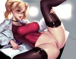  blonde_hair blue_eyes breasts choker cian_yo glasses masturbation mercy_(overwatch) overwatch paper ponytail pussy spread_legs stockings thighhighs uncensored 