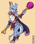  anthro blue_body blue_scales breasts cape clothed clothing female horn horn_jewelry kobold loincloth magic_user nipples pussy scales scalie solo sorcerushorserus staff 