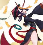  1girl :d bangs black_dress braid china_dress chinese_clothes commentary_request dress eyebrows_visible_through_hair fang fangs fate/grand_order fate_(series) hat heroic_spirit_festival_outfit highres horns jiangshi leaning_back long_sleeves looking_at_viewer looking_to_the_side ofuda oni oni_horns open_mouth outstretched_arm pink_lips pointy_ears purple_eyes purple_hair qing_guanmao red_headwear short_eyebrows shuten_douji_(fate/grand_order) sleeves_past_wrists smile solo standing talisman thick_eyebrows wide_sleeves yuu_(higashi_no_penguin) 