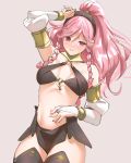  1girl bare_shoulders black_hairband braid breasts closed_mouth fire_emblem fire_emblem_awakening fire_emblem_heroes hairband long_hair navel o-ring olivia_(fire_emblem) pink_eyes pink_hair ponytail simple_background skeptycally solo twin_braids twitter_username 