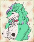  2019 anthro big_breasts blue_eyes breasts choker digital_media_(artwork) dots female freckles fur green_body green_fur green_hair hair hi_res jewelry looking_at_viewer mel_watterson nachvoir necklace nipples nude piercing pink_hair sergal simple_background smile solo white_body white_fur 