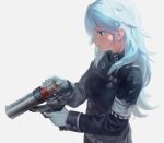  1girl bangs black_jacket blue_eyes blue_hair breasts closed_mouth commentary_request ddal eyebrows_visible_through_hair gloves grey_background gun hair_between_eyes highres holding holding_gun holding_weapon jacket long_hair long_sleeves looking_away original reloading simple_background small_breasts solo weapon weapon_request white_gloves 