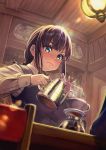  1girl :&lt; blue_eyes blush braid brown_hair ceiling chair coffee_cup coffee_pot cup disposable_cup funnel indoors light long_sleeves original pouring red_neckwear shelf sidelocks solo_focus steam sweatdrop twin_braids yudoufu_(unify) 