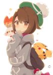  1girl :3 =_= backpack bag bangs brown_eyes brown_hair closed_eyes closed_mouth commentary_request dress eyebrows_visible_through_hair female_protagonist_(pokemon_swsh) gen_1_pokemon gen_8_pokemon green_headwear grey_cardigan hair_between_eyes hand_up heart highres long_sleeves looking_at_viewer muuran parted_lips pikachu pink_dress poke_ball poke_ball_(generic) pokemon pokemon_(creature) pokemon_(game) pokemon_swsh scorbunny signature simple_background sleeves_past_wrists sparkle tam_o&#039;_shanter white_background 