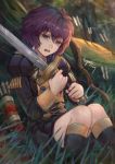  1girl arrow bernadetta_von_varley bow_(weapon) fire_emblem fire_emblem:_three_houses garreg_mach_monastery_uniform grass grey_eyes holding holding_sword holding_weapon hood hood_down kaejunni long_sleeves open_mouth purple_hair quiver short_hair signature sitting solo sword tearing_up uniform weapon 