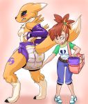  2018 arm_warmers armwear belt bottomwear brown_hair clothing diaper diaper_bag digimon digimon_(species) duo embarrassed feces female footwear fur furgonomics hair hand_on_diaper hi_res human legwear looking_back mammal messy_diaper paddedulf pants ponytail renamon rika_nonaka scarf shirt soiling tongue tongue_out topwear white_body white_fur yellow_body yellow_fur 