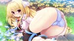  1girl :o ass black_legwear blonde_hair blue_panties blush cameltoe eyebrows_visible_through_hair flower game_cg garden highres holding hose kamishiro_sumika kokorone=pendulum! long_hair long_sleeves official_art on_grass oshiki_hitoshi panties polka_dot polka_dot_panties skirt solo thighhighs two_side_up underwear wet 