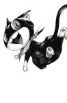 :3 animal_ear_fluff animal_ears blazpu cat cat_ears cat_tail fang full_body highres jumping mask monochrome morgana_(persona_5) neckerchief no_humans open_mouth persona persona_5 smile solo tail white_background 