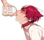  1boy animal_ears bell bell_collar blue_eyes blush boku_no_hero_academia cat_ears catboy collar drinking dripping eyebrows_visible_through_hair hair_between_eyes male_focus milk open_mouth red_collar red_hair shirt simple_background solo source_request todoroki_shouto upper_body white_background white_hair white_shirt 