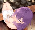  1girl bangs blush bokutachi_wa_benkyou_ga_dekinai breasts eyebrows_visible_through_hair from_above from_behind hair_ornament highres karatakewari kominami_asumi looking_at_viewer looking_back naked_towel nipples onsen open_mouth outdoors purple_eyes purple_hair rubber_duck sidelocks sitting small_breasts soaking_feet towel 