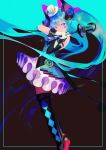  1girl argyle argyle_legwear bare_shoulders black_background black_legwear blue_background blue_border blue_eyes blue_hair border buttons commentary detached_sleeves diamond_(shape) facepaint feet_out_of_frame floating_hair frilled_skirt frills gloves hair_between_eyes hands_clasped happy hat hatsune_miku highres holding holding_microphone legs_together light_smile long_hair looking_away magical_mirai_(vocaloid) microphone mini_hat mini_top_hat number_tattoo own_hands_together satomatoma shiny shiny_hair shoe_soles shoulder_tattoo simple_background single_detached_sleeve skirt sleeveless smile solo tattoo thighhighs top_hat twintails two-tone_background very_long_hair vocaloid white_gloves white_headwear white_skirt wrist_cuffs zettai_ryouiki 