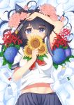  1girl absurdres animal_ears arm_up bangs black_hair blue_eyes breasts cat_ears flower highres holding holding_paintbrush hydrangea large_breasts long_hair looking_at_viewer lying navel on_back original paint_tube paintbrush partially_submerged school_uniform shirt solo spider_lily sunflower tachibanashiro17 water white_shirt 