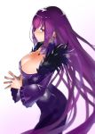  1girl absurdres bangs breasts cleavage commentary_request dress fate/grand_order fate_(series) feather_trim fingers_together fur-trimmed_dress fur_trim hair_between_eyes highres jikatarou large_breasts long_hair looking_at_viewer purple_dress purple_hair red_eyes scathach_(fate)_(all) scathach_skadi_(fate/grand_order) simple_background solo white_background 