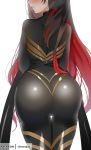  1girl ass back belt black_bodysuit black_hair bodysuit chocojax fate/grand_order fate_(series) from_behind head_out_of_frame highres ishtar_(fate/grand_order) katana long_hair multicolored_hair red_hair sheath simple_background solo space_ishtar_(fate) sword two-tone_hair two_side_up weapon white_background 
