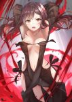  1girl absurdres bangs black_choker black_dress black_jacket blush breasts brown_hair center_opening choker collarbone consort_yu_(fate) dress fangs fate/grand_order fate_(series) fou_(ssqseeker) fur-trimmed_jacket fur_trim highres jacket long_hair long_sleeves looking_at_viewer medium_breasts navel open_mouth red_eyes revealing_clothes ribbon-trimmed_dress solo strapless strapless_dress thighs 