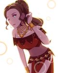  1girl absurdres bangle bracelet brown_hair cosplay dancer dorothea_arnault english_commentary fire_emblem fire_emblem:_three_houses highres jewelry necklace octopath_traveler one_eye_closed pelvic_curtain pigeonsenpai ponytail primrose_azelhart primrose_azelhart_(cosplay) red_clothes strapless trait_connection 