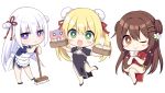  3girls :d ;) animal anzu_(sumisaki_yuzuna) apron bamboo_steamer bangs baozi black_dress black_footwear blonde_hair blue_dress blush_stickers broom brown_eyes brown_hair bun_cover china_dress chinese_clothes closed_mouth commentary_request crossed_legs cup double_bun dress eyebrows_visible_through_hair flower food green_eyes hair_between_eyes hair_flower hair_ornament hair_ribbon hairclip holding holding_cup long_hair looking_at_viewer maid_apron multiple_girls one_eye_closed open_mouth original pelvic_curtain pig puffy_short_sleeves puffy_sleeves purple_eyes red_dress red_footwear red_ribbon ribbon shoes short_sleeves sign sitting smile standing standing_on_one_leg sumisaki_yuzuna translation_request twintails two_side_up very_long_hair white_apron white_flower white_hair 