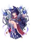  1girl absurdres animal_ears black_hair bracer fox_ears fox_tail full_body greaves highres hitodama holding holding_sword holding_weapon knees_up long_hair looking_at_viewer original pile_of_skulls red_eyes shoulder_armor simple_background sitting skeleton solo stone_lantern sword tachibanashiro17 tail weapon white_background 