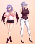  2girls absurdres adapted_costume bangs bare_legs bat_wings beige_background black_footwear black_shorts black_sweater blue_eyes blue_hair boots breast_hold breasts capelet collarbone commentary_request cross cross_earrings crossed_legs detached_sleeves earrings eyebrows_visible_through_hair fangs frilled_capelet frills full_body hair_between_eyes hand_on_hip hand_on_own_chest hand_up high_heels highres huge_breasts izayoi_sakuya jewelry long_hair long_sleeves looking_at_viewer multiple_girls nail_polish necklace no_hat no_headwear pants parted_lips pink_capelet pointy_ears red_eyes red_nails remilia_scarlet ribbed_sweater short_hair short_shorts shorts sidelocks silver_hair sleeveless sleeveless_turtleneck smile standing sweater thighs touhou turtleneck turtleneck_sweater white_pants wings zeramu 