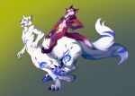  2019 2_tails absurd_res ambiguous_gender anthro blue_eyes canid canid_taur canine canine_taur canis digital_media_(artwork) duo etis fox fox_taur fur hi_res ilp0 male mammal mammal_taur markings multi_tail muscular muscular_male nude open_mouth riding running scared simple_background taur white_body white_fur wolf 