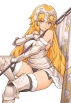  1girl alternate_hairstyle armor armored_boots bangs banner bare_shoulders black_legwear blonde_hair boots breasts chain closed_mouth commentary_request eyebrows_visible_through_hair fate/grand_order fate_(series) fur-trimmed_legwear fur_trim gauntlets grey_footwear headpiece holding invisible_chair jeanne_d&#039;arc_(fate) jeanne_d&#039;arc_(fate)_(all) long_hair looking_at_viewer medium_breasts no_pants simple_background sitting smile solo thigh_boots thighhighs thighhighs_under_boots thighs tsuki_suigetsu very_long_hair white_background 