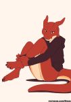  absurd_res bottomless brown_eyes clothed clothing dragon hi_res hoodie male shiuk simple_background slit solo topwear underwear undressing 