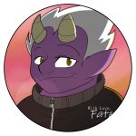  1:1 2019 avatar_(disambiguation) blurred_background circle clothing demon digital_media_(artwork) fatzoimp grin hair hi_res horn humanoid ico_(fatzoimp) icon imp jacket lens_flare male not_furry purple_body purple_skin smile solo sunset topwear zipper 