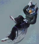  2009 anthro avian barefoot beak blue_eyes breasts clothed clothing feathers felid female full-length_portrait fur grey_body grey_fur gryphon hair hi_res hindpaw mabyn mammal pawpads paws portrait solo tail_feathers telza 