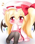  1girl :o alternate_hair_length alternate_hairstyle arm_up black_legwear blonde_hair blush chibi commentary_request convenient_leg eyebrows_visible_through_hair flandre_scarlet hair_between_eyes hat hat_ribbon highres knees_together_feet_apart knees_up long_hair looking_at_viewer mob_cap no_shoes over-kneehighs petticoat red_eyes red_skirt red_vest ribbon shadow side_ponytail simple_background sitting skirt sleeves_past_fingers sleeves_past_wrists solo thighhighs touhou very_long_hair vest white_background white_headwear wings yairenko 