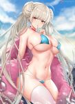  1girl ahoge alternate_costume azur_lane bangs beach bikini blue_bikini blue_sky blush braid breasts choker cleavage cloud cyicheng day double_bun eyebrows_visible_through_hair finger_to_mouth formidable_(azur_lane) formidable_(the_lady_of_the_beach)_(azur_lane) large_breasts long_hair looking_at_viewer navel outdoors red_eyes revision sidelocks single_thighhigh skindentation sky solo swimsuit thighhighs toned very_long_hair water_drop wet 