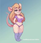  2018 animated anthro big_breasts blue_eyes blush breast_expansion breasts buckteeth chip_&#039;n_dale_rescue_rangers clothing dialogue disney female gadget_hackwrench gradient_background lies long_nose looking_at_viewer mammal mithaa mouse murid murine navel nipples nose_expansion open_mouth rodent short_stack simple_background smile solo standing teeth thick_thighs torn_clothing wide_hips 