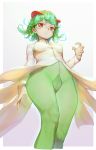  1girl blush breasts commentary_request curly_hair dress from_below green_eyes green_hair green_legwear heiyz highres kirlia long_sleeves looking_at_viewer medium_breasts one-punch_man pokemon short_hair solo tatsumaki white_dress 